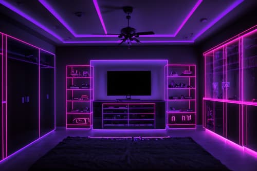 photo from pinterest of gaming room-style interior designed (walk in closet interior) . with neon letters on wall and at night and purple and red lights and speakers and purple, red and blue fade light and multiple displays and dark walls and dark room. . cinematic photo, highly detailed, cinematic lighting, ultra-detailed, ultrarealistic, photorealism, 8k. trending on pinterest. gaming room interior design style. masterpiece, cinematic light, ultrarealistic+, photorealistic+, 8k, raw photo, realistic, sharp focus on eyes, (symmetrical eyes), (intact eyes), hyperrealistic, highest quality, best quality, , highly detailed, masterpiece, best quality, extremely detailed 8k wallpaper, masterpiece, best quality, ultra-detailed, best shadow, detailed background, detailed face, detailed eyes, high contrast, best illumination, detailed face, dulux, caustic, dynamic angle, detailed glow. dramatic lighting. highly detailed, insanely detailed hair, symmetrical, intricate details, professionally retouched, 8k high definition. strong bokeh. award winning photo.