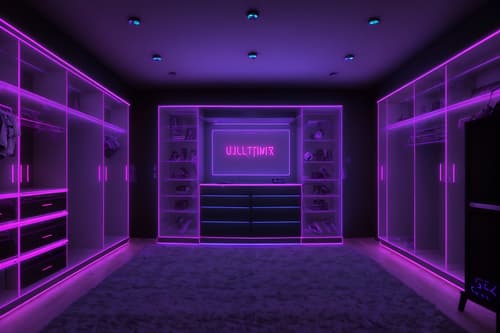 photo from pinterest of gaming room-style interior designed (walk in closet interior) . with neon letters on wall and at night and purple and red lights and speakers and purple, red and blue fade light and multiple displays and dark walls and dark room. . cinematic photo, highly detailed, cinematic lighting, ultra-detailed, ultrarealistic, photorealism, 8k. trending on pinterest. gaming room interior design style. masterpiece, cinematic light, ultrarealistic+, photorealistic+, 8k, raw photo, realistic, sharp focus on eyes, (symmetrical eyes), (intact eyes), hyperrealistic, highest quality, best quality, , highly detailed, masterpiece, best quality, extremely detailed 8k wallpaper, masterpiece, best quality, ultra-detailed, best shadow, detailed background, detailed face, detailed eyes, high contrast, best illumination, detailed face, dulux, caustic, dynamic angle, detailed glow. dramatic lighting. highly detailed, insanely detailed hair, symmetrical, intricate details, professionally retouched, 8k high definition. strong bokeh. award winning photo.