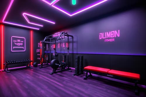 photo from pinterest of gaming room-style interior designed (fitness gym interior) with dumbbell stand and bench press and squat rack and crosstrainer and exercise bicycle and dumbbell stand. . with neon letters on wall and neon lights and purple, red and blue fade light and speakers and dark room and dark walls and multiple displays and purple and red lights. . cinematic photo, highly detailed, cinematic lighting, ultra-detailed, ultrarealistic, photorealism, 8k. trending on pinterest. gaming room interior design style. masterpiece, cinematic light, ultrarealistic+, photorealistic+, 8k, raw photo, realistic, sharp focus on eyes, (symmetrical eyes), (intact eyes), hyperrealistic, highest quality, best quality, , highly detailed, masterpiece, best quality, extremely detailed 8k wallpaper, masterpiece, best quality, ultra-detailed, best shadow, detailed background, detailed face, detailed eyes, high contrast, best illumination, detailed face, dulux, caustic, dynamic angle, detailed glow. dramatic lighting. highly detailed, insanely detailed hair, symmetrical, intricate details, professionally retouched, 8k high definition. strong bokeh. award winning photo.