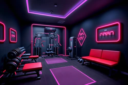 photo from pinterest of gaming room-style interior designed (fitness gym interior) with dumbbell stand and bench press and squat rack and crosstrainer and exercise bicycle and dumbbell stand. . with neon letters on wall and neon lights and purple, red and blue fade light and speakers and dark room and dark walls and multiple displays and purple and red lights. . cinematic photo, highly detailed, cinematic lighting, ultra-detailed, ultrarealistic, photorealism, 8k. trending on pinterest. gaming room interior design style. masterpiece, cinematic light, ultrarealistic+, photorealistic+, 8k, raw photo, realistic, sharp focus on eyes, (symmetrical eyes), (intact eyes), hyperrealistic, highest quality, best quality, , highly detailed, masterpiece, best quality, extremely detailed 8k wallpaper, masterpiece, best quality, ultra-detailed, best shadow, detailed background, detailed face, detailed eyes, high contrast, best illumination, detailed face, dulux, caustic, dynamic angle, detailed glow. dramatic lighting. highly detailed, insanely detailed hair, symmetrical, intricate details, professionally retouched, 8k high definition. strong bokeh. award winning photo.