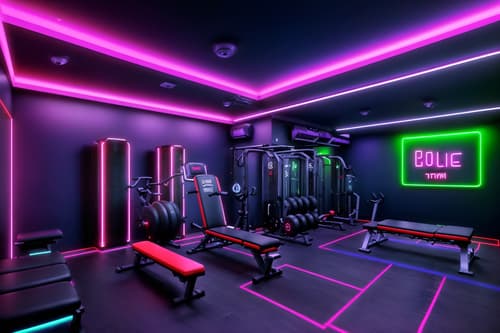 photo from pinterest of gaming room-style interior designed (fitness gym interior) with dumbbell stand and bench press and squat rack and crosstrainer and exercise bicycle and dumbbell stand. . with neon letters on wall and neon lights and purple, red and blue fade light and speakers and dark room and dark walls and multiple displays and purple and red lights. . cinematic photo, highly detailed, cinematic lighting, ultra-detailed, ultrarealistic, photorealism, 8k. trending on pinterest. gaming room interior design style. masterpiece, cinematic light, ultrarealistic+, photorealistic+, 8k, raw photo, realistic, sharp focus on eyes, (symmetrical eyes), (intact eyes), hyperrealistic, highest quality, best quality, , highly detailed, masterpiece, best quality, extremely detailed 8k wallpaper, masterpiece, best quality, ultra-detailed, best shadow, detailed background, detailed face, detailed eyes, high contrast, best illumination, detailed face, dulux, caustic, dynamic angle, detailed glow. dramatic lighting. highly detailed, insanely detailed hair, symmetrical, intricate details, professionally retouched, 8k high definition. strong bokeh. award winning photo.