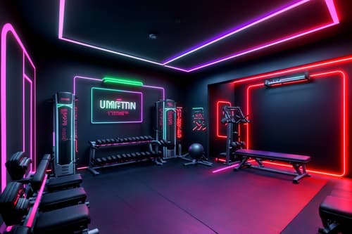 photo from pinterest of gaming room-style interior designed (fitness gym interior) with dumbbell stand and bench press and squat rack and crosstrainer and exercise bicycle and dumbbell stand. . with neon letters on wall and neon lights and purple, red and blue fade light and speakers and dark room and dark walls and multiple displays and purple and red lights. . cinematic photo, highly detailed, cinematic lighting, ultra-detailed, ultrarealistic, photorealism, 8k. trending on pinterest. gaming room interior design style. masterpiece, cinematic light, ultrarealistic+, photorealistic+, 8k, raw photo, realistic, sharp focus on eyes, (symmetrical eyes), (intact eyes), hyperrealistic, highest quality, best quality, , highly detailed, masterpiece, best quality, extremely detailed 8k wallpaper, masterpiece, best quality, ultra-detailed, best shadow, detailed background, detailed face, detailed eyes, high contrast, best illumination, detailed face, dulux, caustic, dynamic angle, detailed glow. dramatic lighting. highly detailed, insanely detailed hair, symmetrical, intricate details, professionally retouched, 8k high definition. strong bokeh. award winning photo.