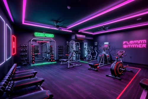 photo from pinterest of gaming room-style interior designed (fitness gym interior) with dumbbell stand and bench press and squat rack and crosstrainer and exercise bicycle and dumbbell stand. . with neon letters on wall and neon lights and purple, red and blue fade light and speakers and dark room and dark walls and multiple displays and purple and red lights. . cinematic photo, highly detailed, cinematic lighting, ultra-detailed, ultrarealistic, photorealism, 8k. trending on pinterest. gaming room interior design style. masterpiece, cinematic light, ultrarealistic+, photorealistic+, 8k, raw photo, realistic, sharp focus on eyes, (symmetrical eyes), (intact eyes), hyperrealistic, highest quality, best quality, , highly detailed, masterpiece, best quality, extremely detailed 8k wallpaper, masterpiece, best quality, ultra-detailed, best shadow, detailed background, detailed face, detailed eyes, high contrast, best illumination, detailed face, dulux, caustic, dynamic angle, detailed glow. dramatic lighting. highly detailed, insanely detailed hair, symmetrical, intricate details, professionally retouched, 8k high definition. strong bokeh. award winning photo.