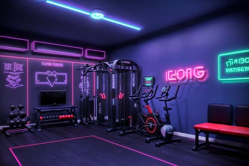 photo from pinterest of gaming room-style interior designed (fitness gym interior) with dumbbell stand and bench press and squat rack and crosstrainer and exercise bicycle and dumbbell stand. . with neon letters on wall and neon lights and purple, red and blue fade light and speakers and dark room and dark walls and multiple displays and purple and red lights. . cinematic photo, highly detailed, cinematic lighting, ultra-detailed, ultrarealistic, photorealism, 8k. trending on pinterest. gaming room interior design style. masterpiece, cinematic light, ultrarealistic+, photorealistic+, 8k, raw photo, realistic, sharp focus on eyes, (symmetrical eyes), (intact eyes), hyperrealistic, highest quality, best quality, , highly detailed, masterpiece, best quality, extremely detailed 8k wallpaper, masterpiece, best quality, ultra-detailed, best shadow, detailed background, detailed face, detailed eyes, high contrast, best illumination, detailed face, dulux, caustic, dynamic angle, detailed glow. dramatic lighting. highly detailed, insanely detailed hair, symmetrical, intricate details, professionally retouched, 8k high definition. strong bokeh. award winning photo.