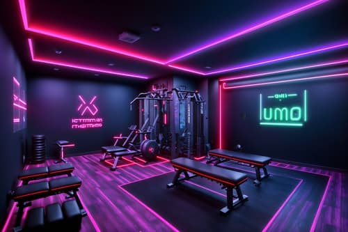 photo from pinterest of gaming room-style interior designed (fitness gym interior) with dumbbell stand and bench press and squat rack and crosstrainer and exercise bicycle and dumbbell stand. . with neon letters on wall and neon lights and purple, red and blue fade light and speakers and dark room and dark walls and multiple displays and purple and red lights. . cinematic photo, highly detailed, cinematic lighting, ultra-detailed, ultrarealistic, photorealism, 8k. trending on pinterest. gaming room interior design style. masterpiece, cinematic light, ultrarealistic+, photorealistic+, 8k, raw photo, realistic, sharp focus on eyes, (symmetrical eyes), (intact eyes), hyperrealistic, highest quality, best quality, , highly detailed, masterpiece, best quality, extremely detailed 8k wallpaper, masterpiece, best quality, ultra-detailed, best shadow, detailed background, detailed face, detailed eyes, high contrast, best illumination, detailed face, dulux, caustic, dynamic angle, detailed glow. dramatic lighting. highly detailed, insanely detailed hair, symmetrical, intricate details, professionally retouched, 8k high definition. strong bokeh. award winning photo.