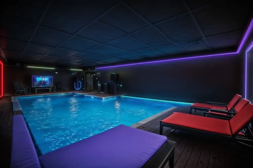 photo from pinterest of gaming room-style designed (outdoor pool area ) with pool lounge chairs and pool and pool lights and pool lounge chairs. . with gaming chair and speakers and dark walls and neon lights and multiple displays and computer desk with computer displays and keyboard and dark room and purple and red lights. . cinematic photo, highly detailed, cinematic lighting, ultra-detailed, ultrarealistic, photorealism, 8k. trending on pinterest. gaming room design style. masterpiece, cinematic light, ultrarealistic+, photorealistic+, 8k, raw photo, realistic, sharp focus on eyes, (symmetrical eyes), (intact eyes), hyperrealistic, highest quality, best quality, , highly detailed, masterpiece, best quality, extremely detailed 8k wallpaper, masterpiece, best quality, ultra-detailed, best shadow, detailed background, detailed face, detailed eyes, high contrast, best illumination, detailed face, dulux, caustic, dynamic angle, detailed glow. dramatic lighting. highly detailed, insanely detailed hair, symmetrical, intricate details, professionally retouched, 8k high definition. strong bokeh. award winning photo.