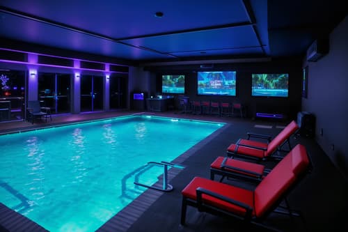 photo from pinterest of gaming room-style designed (outdoor pool area ) with pool lounge chairs and pool and pool lights and pool lounge chairs. . with gaming chair and speakers and dark walls and neon lights and multiple displays and computer desk with computer displays and keyboard and dark room and purple and red lights. . cinematic photo, highly detailed, cinematic lighting, ultra-detailed, ultrarealistic, photorealism, 8k. trending on pinterest. gaming room design style. masterpiece, cinematic light, ultrarealistic+, photorealistic+, 8k, raw photo, realistic, sharp focus on eyes, (symmetrical eyes), (intact eyes), hyperrealistic, highest quality, best quality, , highly detailed, masterpiece, best quality, extremely detailed 8k wallpaper, masterpiece, best quality, ultra-detailed, best shadow, detailed background, detailed face, detailed eyes, high contrast, best illumination, detailed face, dulux, caustic, dynamic angle, detailed glow. dramatic lighting. highly detailed, insanely detailed hair, symmetrical, intricate details, professionally retouched, 8k high definition. strong bokeh. award winning photo.
