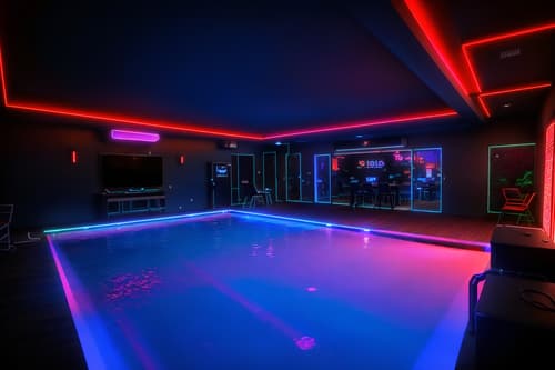 photo from pinterest of gaming room-style designed (outdoor pool area ) with pool lounge chairs and pool and pool lights and pool lounge chairs. . with gaming chair and speakers and dark walls and neon lights and multiple displays and computer desk with computer displays and keyboard and dark room and purple and red lights. . cinematic photo, highly detailed, cinematic lighting, ultra-detailed, ultrarealistic, photorealism, 8k. trending on pinterest. gaming room design style. masterpiece, cinematic light, ultrarealistic+, photorealistic+, 8k, raw photo, realistic, sharp focus on eyes, (symmetrical eyes), (intact eyes), hyperrealistic, highest quality, best quality, , highly detailed, masterpiece, best quality, extremely detailed 8k wallpaper, masterpiece, best quality, ultra-detailed, best shadow, detailed background, detailed face, detailed eyes, high contrast, best illumination, detailed face, dulux, caustic, dynamic angle, detailed glow. dramatic lighting. highly detailed, insanely detailed hair, symmetrical, intricate details, professionally retouched, 8k high definition. strong bokeh. award winning photo.