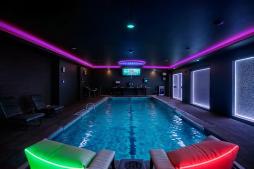 photo from pinterest of gaming room-style designed (outdoor pool area ) with pool lounge chairs and pool and pool lights and pool lounge chairs. . with gaming chair and speakers and dark walls and neon lights and multiple displays and computer desk with computer displays and keyboard and dark room and purple and red lights. . cinematic photo, highly detailed, cinematic lighting, ultra-detailed, ultrarealistic, photorealism, 8k. trending on pinterest. gaming room design style. masterpiece, cinematic light, ultrarealistic+, photorealistic+, 8k, raw photo, realistic, sharp focus on eyes, (symmetrical eyes), (intact eyes), hyperrealistic, highest quality, best quality, , highly detailed, masterpiece, best quality, extremely detailed 8k wallpaper, masterpiece, best quality, ultra-detailed, best shadow, detailed background, detailed face, detailed eyes, high contrast, best illumination, detailed face, dulux, caustic, dynamic angle, detailed glow. dramatic lighting. highly detailed, insanely detailed hair, symmetrical, intricate details, professionally retouched, 8k high definition. strong bokeh. award winning photo.