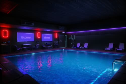photo from pinterest of gaming room-style designed (outdoor pool area ) with pool lounge chairs and pool and pool lights and pool lounge chairs. . with gaming chair and speakers and dark walls and neon lights and multiple displays and computer desk with computer displays and keyboard and dark room and purple and red lights. . cinematic photo, highly detailed, cinematic lighting, ultra-detailed, ultrarealistic, photorealism, 8k. trending on pinterest. gaming room design style. masterpiece, cinematic light, ultrarealistic+, photorealistic+, 8k, raw photo, realistic, sharp focus on eyes, (symmetrical eyes), (intact eyes), hyperrealistic, highest quality, best quality, , highly detailed, masterpiece, best quality, extremely detailed 8k wallpaper, masterpiece, best quality, ultra-detailed, best shadow, detailed background, detailed face, detailed eyes, high contrast, best illumination, detailed face, dulux, caustic, dynamic angle, detailed glow. dramatic lighting. highly detailed, insanely detailed hair, symmetrical, intricate details, professionally retouched, 8k high definition. strong bokeh. award winning photo.