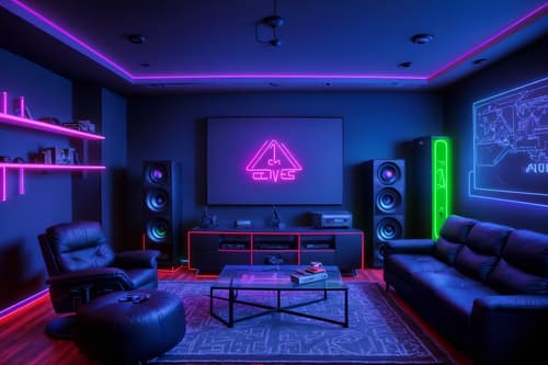 photo from pinterest of gaming room-style interior designed (living room interior) with occasional tables and plant and chairs and furniture and bookshelves and electric lamps and coffee tables and televisions. . with at night and speakers and neon lights and gaming chair and dark walls and purple, red and blue fade light and dark room and neon letters on wall. . cinematic photo, highly detailed, cinematic lighting, ultra-detailed, ultrarealistic, photorealism, 8k. trending on pinterest. gaming room interior design style. masterpiece, cinematic light, ultrarealistic+, photorealistic+, 8k, raw photo, realistic, sharp focus on eyes, (symmetrical eyes), (intact eyes), hyperrealistic, highest quality, best quality, , highly detailed, masterpiece, best quality, extremely detailed 8k wallpaper, masterpiece, best quality, ultra-detailed, best shadow, detailed background, detailed face, detailed eyes, high contrast, best illumination, detailed face, dulux, caustic, dynamic angle, detailed glow. dramatic lighting. highly detailed, insanely detailed hair, symmetrical, intricate details, professionally retouched, 8k high definition. strong bokeh. award winning photo.
