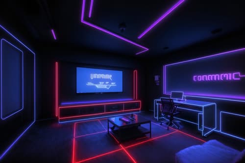 photo from pinterest of gaming room-style interior designed (exhibition space interior) . with computer desk with computer displays and keyboard and multiple displays and dark room and dark walls and purple, red and blue fade light and speakers and neon lights and neon letters on wall. . cinematic photo, highly detailed, cinematic lighting, ultra-detailed, ultrarealistic, photorealism, 8k. trending on pinterest. gaming room interior design style. masterpiece, cinematic light, ultrarealistic+, photorealistic+, 8k, raw photo, realistic, sharp focus on eyes, (symmetrical eyes), (intact eyes), hyperrealistic, highest quality, best quality, , highly detailed, masterpiece, best quality, extremely detailed 8k wallpaper, masterpiece, best quality, ultra-detailed, best shadow, detailed background, detailed face, detailed eyes, high contrast, best illumination, detailed face, dulux, caustic, dynamic angle, detailed glow. dramatic lighting. highly detailed, insanely detailed hair, symmetrical, intricate details, professionally retouched, 8k high definition. strong bokeh. award winning photo.