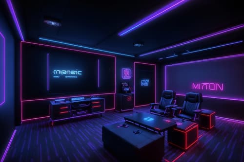 photo from pinterest of gaming room-style interior designed (exhibition space interior) . with computer desk with computer displays and keyboard and multiple displays and dark room and dark walls and purple, red and blue fade light and speakers and neon lights and neon letters on wall. . cinematic photo, highly detailed, cinematic lighting, ultra-detailed, ultrarealistic, photorealism, 8k. trending on pinterest. gaming room interior design style. masterpiece, cinematic light, ultrarealistic+, photorealistic+, 8k, raw photo, realistic, sharp focus on eyes, (symmetrical eyes), (intact eyes), hyperrealistic, highest quality, best quality, , highly detailed, masterpiece, best quality, extremely detailed 8k wallpaper, masterpiece, best quality, ultra-detailed, best shadow, detailed background, detailed face, detailed eyes, high contrast, best illumination, detailed face, dulux, caustic, dynamic angle, detailed glow. dramatic lighting. highly detailed, insanely detailed hair, symmetrical, intricate details, professionally retouched, 8k high definition. strong bokeh. award winning photo.