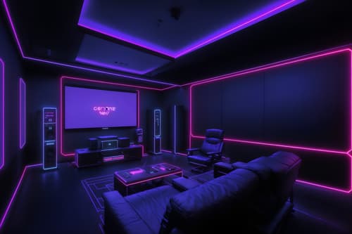 photo from pinterest of gaming room-style interior designed (exhibition space interior) . with computer desk with computer displays and keyboard and multiple displays and dark room and dark walls and purple, red and blue fade light and speakers and neon lights and neon letters on wall. . cinematic photo, highly detailed, cinematic lighting, ultra-detailed, ultrarealistic, photorealism, 8k. trending on pinterest. gaming room interior design style. masterpiece, cinematic light, ultrarealistic+, photorealistic+, 8k, raw photo, realistic, sharp focus on eyes, (symmetrical eyes), (intact eyes), hyperrealistic, highest quality, best quality, , highly detailed, masterpiece, best quality, extremely detailed 8k wallpaper, masterpiece, best quality, ultra-detailed, best shadow, detailed background, detailed face, detailed eyes, high contrast, best illumination, detailed face, dulux, caustic, dynamic angle, detailed glow. dramatic lighting. highly detailed, insanely detailed hair, symmetrical, intricate details, professionally retouched, 8k high definition. strong bokeh. award winning photo.