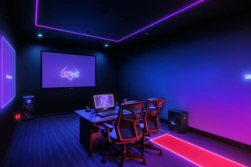 photo from pinterest of gaming room-style interior designed (exhibition space interior) . with computer desk with computer displays and keyboard and multiple displays and dark room and dark walls and purple, red and blue fade light and speakers and neon lights and neon letters on wall. . cinematic photo, highly detailed, cinematic lighting, ultra-detailed, ultrarealistic, photorealism, 8k. trending on pinterest. gaming room interior design style. masterpiece, cinematic light, ultrarealistic+, photorealistic+, 8k, raw photo, realistic, sharp focus on eyes, (symmetrical eyes), (intact eyes), hyperrealistic, highest quality, best quality, , highly detailed, masterpiece, best quality, extremely detailed 8k wallpaper, masterpiece, best quality, ultra-detailed, best shadow, detailed background, detailed face, detailed eyes, high contrast, best illumination, detailed face, dulux, caustic, dynamic angle, detailed glow. dramatic lighting. highly detailed, insanely detailed hair, symmetrical, intricate details, professionally retouched, 8k high definition. strong bokeh. award winning photo.