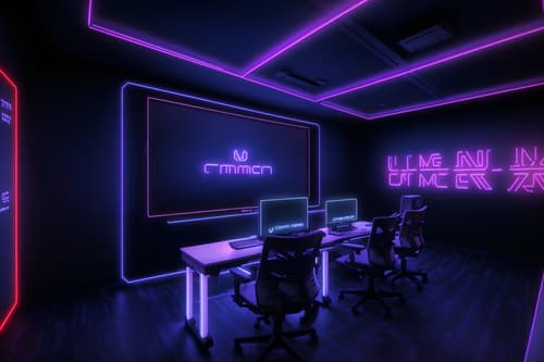 photo from pinterest of gaming room-style interior designed (exhibition space interior) . with computer desk with computer displays and keyboard and multiple displays and dark room and dark walls and purple, red and blue fade light and speakers and neon lights and neon letters on wall. . cinematic photo, highly detailed, cinematic lighting, ultra-detailed, ultrarealistic, photorealism, 8k. trending on pinterest. gaming room interior design style. masterpiece, cinematic light, ultrarealistic+, photorealistic+, 8k, raw photo, realistic, sharp focus on eyes, (symmetrical eyes), (intact eyes), hyperrealistic, highest quality, best quality, , highly detailed, masterpiece, best quality, extremely detailed 8k wallpaper, masterpiece, best quality, ultra-detailed, best shadow, detailed background, detailed face, detailed eyes, high contrast, best illumination, detailed face, dulux, caustic, dynamic angle, detailed glow. dramatic lighting. highly detailed, insanely detailed hair, symmetrical, intricate details, professionally retouched, 8k high definition. strong bokeh. award winning photo.