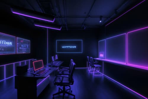 photo from pinterest of gaming room-style interior designed (exhibition space interior) . with computer desk with computer displays and keyboard and multiple displays and dark room and dark walls and purple, red and blue fade light and speakers and neon lights and neon letters on wall. . cinematic photo, highly detailed, cinematic lighting, ultra-detailed, ultrarealistic, photorealism, 8k. trending on pinterest. gaming room interior design style. masterpiece, cinematic light, ultrarealistic+, photorealistic+, 8k, raw photo, realistic, sharp focus on eyes, (symmetrical eyes), (intact eyes), hyperrealistic, highest quality, best quality, , highly detailed, masterpiece, best quality, extremely detailed 8k wallpaper, masterpiece, best quality, ultra-detailed, best shadow, detailed background, detailed face, detailed eyes, high contrast, best illumination, detailed face, dulux, caustic, dynamic angle, detailed glow. dramatic lighting. highly detailed, insanely detailed hair, symmetrical, intricate details, professionally retouched, 8k high definition. strong bokeh. award winning photo.
