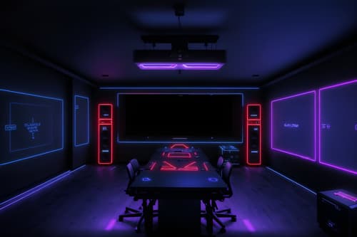 photo from pinterest of gaming room-style interior designed (exhibition space interior) . with computer desk with computer displays and keyboard and multiple displays and dark room and dark walls and purple, red and blue fade light and speakers and neon lights and neon letters on wall. . cinematic photo, highly detailed, cinematic lighting, ultra-detailed, ultrarealistic, photorealism, 8k. trending on pinterest. gaming room interior design style. masterpiece, cinematic light, ultrarealistic+, photorealistic+, 8k, raw photo, realistic, sharp focus on eyes, (symmetrical eyes), (intact eyes), hyperrealistic, highest quality, best quality, , highly detailed, masterpiece, best quality, extremely detailed 8k wallpaper, masterpiece, best quality, ultra-detailed, best shadow, detailed background, detailed face, detailed eyes, high contrast, best illumination, detailed face, dulux, caustic, dynamic angle, detailed glow. dramatic lighting. highly detailed, insanely detailed hair, symmetrical, intricate details, professionally retouched, 8k high definition. strong bokeh. award winning photo.