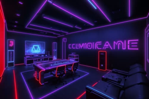photo from pinterest of gaming room-style interior designed (exhibition space interior) . with computer desk with computer displays and keyboard and multiple displays and dark room and dark walls and purple, red and blue fade light and speakers and neon lights and neon letters on wall. . cinematic photo, highly detailed, cinematic lighting, ultra-detailed, ultrarealistic, photorealism, 8k. trending on pinterest. gaming room interior design style. masterpiece, cinematic light, ultrarealistic+, photorealistic+, 8k, raw photo, realistic, sharp focus on eyes, (symmetrical eyes), (intact eyes), hyperrealistic, highest quality, best quality, , highly detailed, masterpiece, best quality, extremely detailed 8k wallpaper, masterpiece, best quality, ultra-detailed, best shadow, detailed background, detailed face, detailed eyes, high contrast, best illumination, detailed face, dulux, caustic, dynamic angle, detailed glow. dramatic lighting. highly detailed, insanely detailed hair, symmetrical, intricate details, professionally retouched, 8k high definition. strong bokeh. award winning photo.