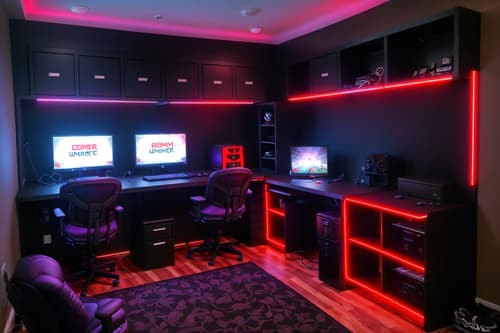 photo from pinterest of gaming room-style interior designed (drop zone interior) with wall hooks for coats and high up storage and shelves for shoes and storage baskets and cabinets and storage drawers and lockers and cubbies. . with dark room and gaming chair and purple and red lights and dark walls and multiple displays and computer desk with computer displays and keyboard and neon letters on wall and speakers. . cinematic photo, highly detailed, cinematic lighting, ultra-detailed, ultrarealistic, photorealism, 8k. trending on pinterest. gaming room interior design style. masterpiece, cinematic light, ultrarealistic+, photorealistic+, 8k, raw photo, realistic, sharp focus on eyes, (symmetrical eyes), (intact eyes), hyperrealistic, highest quality, best quality, , highly detailed, masterpiece, best quality, extremely detailed 8k wallpaper, masterpiece, best quality, ultra-detailed, best shadow, detailed background, detailed face, detailed eyes, high contrast, best illumination, detailed face, dulux, caustic, dynamic angle, detailed glow. dramatic lighting. highly detailed, insanely detailed hair, symmetrical, intricate details, professionally retouched, 8k high definition. strong bokeh. award winning photo.