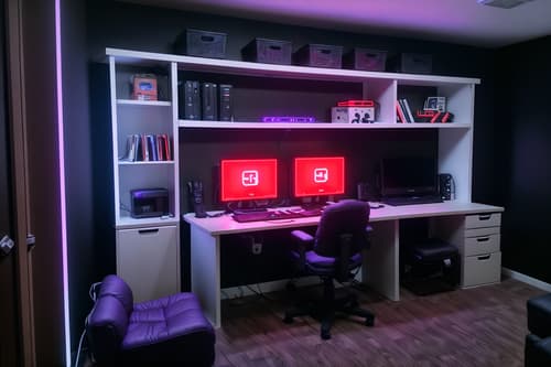 photo from pinterest of gaming room-style interior designed (drop zone interior) with wall hooks for coats and high up storage and shelves for shoes and storage baskets and cabinets and storage drawers and lockers and cubbies. . with dark room and gaming chair and purple and red lights and dark walls and multiple displays and computer desk with computer displays and keyboard and neon letters on wall and speakers. . cinematic photo, highly detailed, cinematic lighting, ultra-detailed, ultrarealistic, photorealism, 8k. trending on pinterest. gaming room interior design style. masterpiece, cinematic light, ultrarealistic+, photorealistic+, 8k, raw photo, realistic, sharp focus on eyes, (symmetrical eyes), (intact eyes), hyperrealistic, highest quality, best quality, , highly detailed, masterpiece, best quality, extremely detailed 8k wallpaper, masterpiece, best quality, ultra-detailed, best shadow, detailed background, detailed face, detailed eyes, high contrast, best illumination, detailed face, dulux, caustic, dynamic angle, detailed glow. dramatic lighting. highly detailed, insanely detailed hair, symmetrical, intricate details, professionally retouched, 8k high definition. strong bokeh. award winning photo.