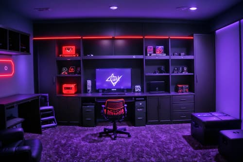 photo from pinterest of gaming room-style interior designed (drop zone interior) with wall hooks for coats and high up storage and shelves for shoes and storage baskets and cabinets and storage drawers and lockers and cubbies. . with dark room and gaming chair and purple and red lights and dark walls and multiple displays and computer desk with computer displays and keyboard and neon letters on wall and speakers. . cinematic photo, highly detailed, cinematic lighting, ultra-detailed, ultrarealistic, photorealism, 8k. trending on pinterest. gaming room interior design style. masterpiece, cinematic light, ultrarealistic+, photorealistic+, 8k, raw photo, realistic, sharp focus on eyes, (symmetrical eyes), (intact eyes), hyperrealistic, highest quality, best quality, , highly detailed, masterpiece, best quality, extremely detailed 8k wallpaper, masterpiece, best quality, ultra-detailed, best shadow, detailed background, detailed face, detailed eyes, high contrast, best illumination, detailed face, dulux, caustic, dynamic angle, detailed glow. dramatic lighting. highly detailed, insanely detailed hair, symmetrical, intricate details, professionally retouched, 8k high definition. strong bokeh. award winning photo.