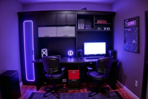 photo from pinterest of gaming room-style interior designed (drop zone interior) with wall hooks for coats and high up storage and shelves for shoes and storage baskets and cabinets and storage drawers and lockers and cubbies. . with dark room and gaming chair and purple and red lights and dark walls and multiple displays and computer desk with computer displays and keyboard and neon letters on wall and speakers. . cinematic photo, highly detailed, cinematic lighting, ultra-detailed, ultrarealistic, photorealism, 8k. trending on pinterest. gaming room interior design style. masterpiece, cinematic light, ultrarealistic+, photorealistic+, 8k, raw photo, realistic, sharp focus on eyes, (symmetrical eyes), (intact eyes), hyperrealistic, highest quality, best quality, , highly detailed, masterpiece, best quality, extremely detailed 8k wallpaper, masterpiece, best quality, ultra-detailed, best shadow, detailed background, detailed face, detailed eyes, high contrast, best illumination, detailed face, dulux, caustic, dynamic angle, detailed glow. dramatic lighting. highly detailed, insanely detailed hair, symmetrical, intricate details, professionally retouched, 8k high definition. strong bokeh. award winning photo.