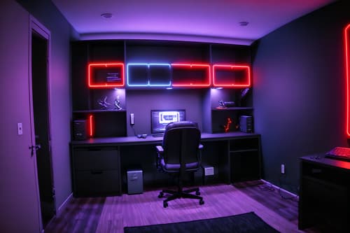 photo from pinterest of gaming room-style interior designed (drop zone interior) with wall hooks for coats and high up storage and shelves for shoes and storage baskets and cabinets and storage drawers and lockers and cubbies. . with dark room and gaming chair and purple and red lights and dark walls and multiple displays and computer desk with computer displays and keyboard and neon letters on wall and speakers. . cinematic photo, highly detailed, cinematic lighting, ultra-detailed, ultrarealistic, photorealism, 8k. trending on pinterest. gaming room interior design style. masterpiece, cinematic light, ultrarealistic+, photorealistic+, 8k, raw photo, realistic, sharp focus on eyes, (symmetrical eyes), (intact eyes), hyperrealistic, highest quality, best quality, , highly detailed, masterpiece, best quality, extremely detailed 8k wallpaper, masterpiece, best quality, ultra-detailed, best shadow, detailed background, detailed face, detailed eyes, high contrast, best illumination, detailed face, dulux, caustic, dynamic angle, detailed glow. dramatic lighting. highly detailed, insanely detailed hair, symmetrical, intricate details, professionally retouched, 8k high definition. strong bokeh. award winning photo.