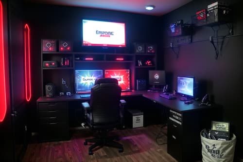 photo from pinterest of gaming room-style interior designed (drop zone interior) with wall hooks for coats and high up storage and shelves for shoes and storage baskets and cabinets and storage drawers and lockers and cubbies. . with dark room and gaming chair and purple and red lights and dark walls and multiple displays and computer desk with computer displays and keyboard and neon letters on wall and speakers. . cinematic photo, highly detailed, cinematic lighting, ultra-detailed, ultrarealistic, photorealism, 8k. trending on pinterest. gaming room interior design style. masterpiece, cinematic light, ultrarealistic+, photorealistic+, 8k, raw photo, realistic, sharp focus on eyes, (symmetrical eyes), (intact eyes), hyperrealistic, highest quality, best quality, , highly detailed, masterpiece, best quality, extremely detailed 8k wallpaper, masterpiece, best quality, ultra-detailed, best shadow, detailed background, detailed face, detailed eyes, high contrast, best illumination, detailed face, dulux, caustic, dynamic angle, detailed glow. dramatic lighting. highly detailed, insanely detailed hair, symmetrical, intricate details, professionally retouched, 8k high definition. strong bokeh. award winning photo.