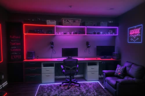 photo from pinterest of gaming room-style interior designed (drop zone interior) with wall hooks for coats and high up storage and shelves for shoes and storage baskets and cabinets and storage drawers and lockers and cubbies. . with dark room and gaming chair and purple and red lights and dark walls and multiple displays and computer desk with computer displays and keyboard and neon letters on wall and speakers. . cinematic photo, highly detailed, cinematic lighting, ultra-detailed, ultrarealistic, photorealism, 8k. trending on pinterest. gaming room interior design style. masterpiece, cinematic light, ultrarealistic+, photorealistic+, 8k, raw photo, realistic, sharp focus on eyes, (symmetrical eyes), (intact eyes), hyperrealistic, highest quality, best quality, , highly detailed, masterpiece, best quality, extremely detailed 8k wallpaper, masterpiece, best quality, ultra-detailed, best shadow, detailed background, detailed face, detailed eyes, high contrast, best illumination, detailed face, dulux, caustic, dynamic angle, detailed glow. dramatic lighting. highly detailed, insanely detailed hair, symmetrical, intricate details, professionally retouched, 8k high definition. strong bokeh. award winning photo.