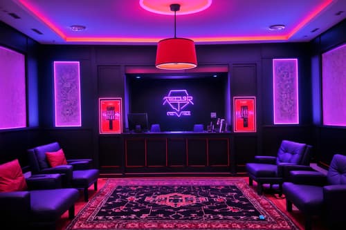 photo from pinterest of gaming room-style interior designed (hotel lobby interior) with rug and furniture and hanging lamps and sofas and plant and check in desk and coffee tables and lounge chairs. . with dark walls and multiple displays and neon letters on wall and computer desk with computer displays and keyboard and gaming chair and purple, red and blue fade light and purple and red lights and speakers. . cinematic photo, highly detailed, cinematic lighting, ultra-detailed, ultrarealistic, photorealism, 8k. trending on pinterest. gaming room interior design style. masterpiece, cinematic light, ultrarealistic+, photorealistic+, 8k, raw photo, realistic, sharp focus on eyes, (symmetrical eyes), (intact eyes), hyperrealistic, highest quality, best quality, , highly detailed, masterpiece, best quality, extremely detailed 8k wallpaper, masterpiece, best quality, ultra-detailed, best shadow, detailed background, detailed face, detailed eyes, high contrast, best illumination, detailed face, dulux, caustic, dynamic angle, detailed glow. dramatic lighting. highly detailed, insanely detailed hair, symmetrical, intricate details, professionally retouched, 8k high definition. strong bokeh. award winning photo.