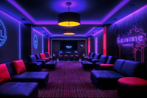 photo from pinterest of gaming room-style interior designed (hotel lobby interior) with rug and furniture and hanging lamps and sofas and plant and check in desk and coffee tables and lounge chairs. . with dark walls and multiple displays and neon letters on wall and computer desk with computer displays and keyboard and gaming chair and purple, red and blue fade light and purple and red lights and speakers. . cinematic photo, highly detailed, cinematic lighting, ultra-detailed, ultrarealistic, photorealism, 8k. trending on pinterest. gaming room interior design style. masterpiece, cinematic light, ultrarealistic+, photorealistic+, 8k, raw photo, realistic, sharp focus on eyes, (symmetrical eyes), (intact eyes), hyperrealistic, highest quality, best quality, , highly detailed, masterpiece, best quality, extremely detailed 8k wallpaper, masterpiece, best quality, ultra-detailed, best shadow, detailed background, detailed face, detailed eyes, high contrast, best illumination, detailed face, dulux, caustic, dynamic angle, detailed glow. dramatic lighting. highly detailed, insanely detailed hair, symmetrical, intricate details, professionally retouched, 8k high definition. strong bokeh. award winning photo.