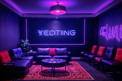 photo from pinterest of gaming room-style interior designed (hotel lobby interior) with rug and furniture and hanging lamps and sofas and plant and check in desk and coffee tables and lounge chairs. . with dark walls and multiple displays and neon letters on wall and computer desk with computer displays and keyboard and gaming chair and purple, red and blue fade light and purple and red lights and speakers. . cinematic photo, highly detailed, cinematic lighting, ultra-detailed, ultrarealistic, photorealism, 8k. trending on pinterest. gaming room interior design style. masterpiece, cinematic light, ultrarealistic+, photorealistic+, 8k, raw photo, realistic, sharp focus on eyes, (symmetrical eyes), (intact eyes), hyperrealistic, highest quality, best quality, , highly detailed, masterpiece, best quality, extremely detailed 8k wallpaper, masterpiece, best quality, ultra-detailed, best shadow, detailed background, detailed face, detailed eyes, high contrast, best illumination, detailed face, dulux, caustic, dynamic angle, detailed glow. dramatic lighting. highly detailed, insanely detailed hair, symmetrical, intricate details, professionally retouched, 8k high definition. strong bokeh. award winning photo.