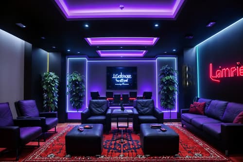 photo from pinterest of gaming room-style interior designed (hotel lobby interior) with rug and furniture and hanging lamps and sofas and plant and check in desk and coffee tables and lounge chairs. . with dark walls and multiple displays and neon letters on wall and computer desk with computer displays and keyboard and gaming chair and purple, red and blue fade light and purple and red lights and speakers. . cinematic photo, highly detailed, cinematic lighting, ultra-detailed, ultrarealistic, photorealism, 8k. trending on pinterest. gaming room interior design style. masterpiece, cinematic light, ultrarealistic+, photorealistic+, 8k, raw photo, realistic, sharp focus on eyes, (symmetrical eyes), (intact eyes), hyperrealistic, highest quality, best quality, , highly detailed, masterpiece, best quality, extremely detailed 8k wallpaper, masterpiece, best quality, ultra-detailed, best shadow, detailed background, detailed face, detailed eyes, high contrast, best illumination, detailed face, dulux, caustic, dynamic angle, detailed glow. dramatic lighting. highly detailed, insanely detailed hair, symmetrical, intricate details, professionally retouched, 8k high definition. strong bokeh. award winning photo.