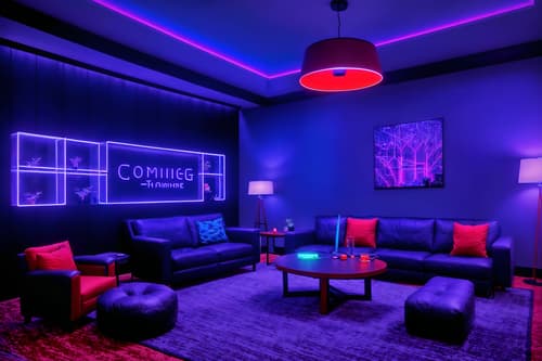 photo from pinterest of gaming room-style interior designed (hotel lobby interior) with rug and furniture and hanging lamps and sofas and plant and check in desk and coffee tables and lounge chairs. . with dark walls and multiple displays and neon letters on wall and computer desk with computer displays and keyboard and gaming chair and purple, red and blue fade light and purple and red lights and speakers. . cinematic photo, highly detailed, cinematic lighting, ultra-detailed, ultrarealistic, photorealism, 8k. trending on pinterest. gaming room interior design style. masterpiece, cinematic light, ultrarealistic+, photorealistic+, 8k, raw photo, realistic, sharp focus on eyes, (symmetrical eyes), (intact eyes), hyperrealistic, highest quality, best quality, , highly detailed, masterpiece, best quality, extremely detailed 8k wallpaper, masterpiece, best quality, ultra-detailed, best shadow, detailed background, detailed face, detailed eyes, high contrast, best illumination, detailed face, dulux, caustic, dynamic angle, detailed glow. dramatic lighting. highly detailed, insanely detailed hair, symmetrical, intricate details, professionally retouched, 8k high definition. strong bokeh. award winning photo.