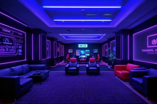 photo from pinterest of gaming room-style interior designed (hotel lobby interior) with rug and furniture and hanging lamps and sofas and plant and check in desk and coffee tables and lounge chairs. . with dark walls and multiple displays and neon letters on wall and computer desk with computer displays and keyboard and gaming chair and purple, red and blue fade light and purple and red lights and speakers. . cinematic photo, highly detailed, cinematic lighting, ultra-detailed, ultrarealistic, photorealism, 8k. trending on pinterest. gaming room interior design style. masterpiece, cinematic light, ultrarealistic+, photorealistic+, 8k, raw photo, realistic, sharp focus on eyes, (symmetrical eyes), (intact eyes), hyperrealistic, highest quality, best quality, , highly detailed, masterpiece, best quality, extremely detailed 8k wallpaper, masterpiece, best quality, ultra-detailed, best shadow, detailed background, detailed face, detailed eyes, high contrast, best illumination, detailed face, dulux, caustic, dynamic angle, detailed glow. dramatic lighting. highly detailed, insanely detailed hair, symmetrical, intricate details, professionally retouched, 8k high definition. strong bokeh. award winning photo.