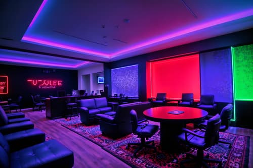 photo from pinterest of gaming room-style interior designed (hotel lobby interior) with rug and furniture and hanging lamps and sofas and plant and check in desk and coffee tables and lounge chairs. . with dark walls and multiple displays and neon letters on wall and computer desk with computer displays and keyboard and gaming chair and purple, red and blue fade light and purple and red lights and speakers. . cinematic photo, highly detailed, cinematic lighting, ultra-detailed, ultrarealistic, photorealism, 8k. trending on pinterest. gaming room interior design style. masterpiece, cinematic light, ultrarealistic+, photorealistic+, 8k, raw photo, realistic, sharp focus on eyes, (symmetrical eyes), (intact eyes), hyperrealistic, highest quality, best quality, , highly detailed, masterpiece, best quality, extremely detailed 8k wallpaper, masterpiece, best quality, ultra-detailed, best shadow, detailed background, detailed face, detailed eyes, high contrast, best illumination, detailed face, dulux, caustic, dynamic angle, detailed glow. dramatic lighting. highly detailed, insanely detailed hair, symmetrical, intricate details, professionally retouched, 8k high definition. strong bokeh. award winning photo.