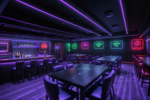 photo from pinterest of gaming room-style interior designed (restaurant interior) with restaurant bar and restaurant chairs and restaurant dining tables and restaurant decor and restaurant bar. . with dark room and neon lights and purple, red and blue fade light and at night and dark walls and speakers and gaming chair and computer desk with computer displays and keyboard. . cinematic photo, highly detailed, cinematic lighting, ultra-detailed, ultrarealistic, photorealism, 8k. trending on pinterest. gaming room interior design style. masterpiece, cinematic light, ultrarealistic+, photorealistic+, 8k, raw photo, realistic, sharp focus on eyes, (symmetrical eyes), (intact eyes), hyperrealistic, highest quality, best quality, , highly detailed, masterpiece, best quality, extremely detailed 8k wallpaper, masterpiece, best quality, ultra-detailed, best shadow, detailed background, detailed face, detailed eyes, high contrast, best illumination, detailed face, dulux, caustic, dynamic angle, detailed glow. dramatic lighting. highly detailed, insanely detailed hair, symmetrical, intricate details, professionally retouched, 8k high definition. strong bokeh. award winning photo.