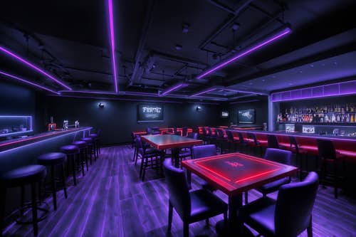 photo from pinterest of gaming room-style interior designed (restaurant interior) with restaurant bar and restaurant chairs and restaurant dining tables and restaurant decor and restaurant bar. . with dark room and neon lights and purple, red and blue fade light and at night and dark walls and speakers and gaming chair and computer desk with computer displays and keyboard. . cinematic photo, highly detailed, cinematic lighting, ultra-detailed, ultrarealistic, photorealism, 8k. trending on pinterest. gaming room interior design style. masterpiece, cinematic light, ultrarealistic+, photorealistic+, 8k, raw photo, realistic, sharp focus on eyes, (symmetrical eyes), (intact eyes), hyperrealistic, highest quality, best quality, , highly detailed, masterpiece, best quality, extremely detailed 8k wallpaper, masterpiece, best quality, ultra-detailed, best shadow, detailed background, detailed face, detailed eyes, high contrast, best illumination, detailed face, dulux, caustic, dynamic angle, detailed glow. dramatic lighting. highly detailed, insanely detailed hair, symmetrical, intricate details, professionally retouched, 8k high definition. strong bokeh. award winning photo.