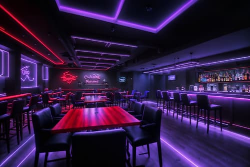 photo from pinterest of gaming room-style interior designed (restaurant interior) with restaurant bar and restaurant chairs and restaurant dining tables and restaurant decor and restaurant bar. . with dark room and neon lights and purple, red and blue fade light and at night and dark walls and speakers and gaming chair and computer desk with computer displays and keyboard. . cinematic photo, highly detailed, cinematic lighting, ultra-detailed, ultrarealistic, photorealism, 8k. trending on pinterest. gaming room interior design style. masterpiece, cinematic light, ultrarealistic+, photorealistic+, 8k, raw photo, realistic, sharp focus on eyes, (symmetrical eyes), (intact eyes), hyperrealistic, highest quality, best quality, , highly detailed, masterpiece, best quality, extremely detailed 8k wallpaper, masterpiece, best quality, ultra-detailed, best shadow, detailed background, detailed face, detailed eyes, high contrast, best illumination, detailed face, dulux, caustic, dynamic angle, detailed glow. dramatic lighting. highly detailed, insanely detailed hair, symmetrical, intricate details, professionally retouched, 8k high definition. strong bokeh. award winning photo.