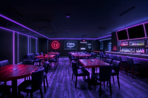 photo from pinterest of gaming room-style interior designed (restaurant interior) with restaurant bar and restaurant chairs and restaurant dining tables and restaurant decor and restaurant bar. . with dark room and neon lights and purple, red and blue fade light and at night and dark walls and speakers and gaming chair and computer desk with computer displays and keyboard. . cinematic photo, highly detailed, cinematic lighting, ultra-detailed, ultrarealistic, photorealism, 8k. trending on pinterest. gaming room interior design style. masterpiece, cinematic light, ultrarealistic+, photorealistic+, 8k, raw photo, realistic, sharp focus on eyes, (symmetrical eyes), (intact eyes), hyperrealistic, highest quality, best quality, , highly detailed, masterpiece, best quality, extremely detailed 8k wallpaper, masterpiece, best quality, ultra-detailed, best shadow, detailed background, detailed face, detailed eyes, high contrast, best illumination, detailed face, dulux, caustic, dynamic angle, detailed glow. dramatic lighting. highly detailed, insanely detailed hair, symmetrical, intricate details, professionally retouched, 8k high definition. strong bokeh. award winning photo.