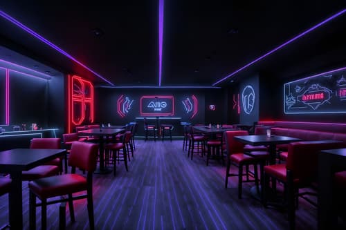 photo from pinterest of gaming room-style interior designed (restaurant interior) with restaurant bar and restaurant chairs and restaurant dining tables and restaurant decor and restaurant bar. . with dark room and neon lights and purple, red and blue fade light and at night and dark walls and speakers and gaming chair and computer desk with computer displays and keyboard. . cinematic photo, highly detailed, cinematic lighting, ultra-detailed, ultrarealistic, photorealism, 8k. trending on pinterest. gaming room interior design style. masterpiece, cinematic light, ultrarealistic+, photorealistic+, 8k, raw photo, realistic, sharp focus on eyes, (symmetrical eyes), (intact eyes), hyperrealistic, highest quality, best quality, , highly detailed, masterpiece, best quality, extremely detailed 8k wallpaper, masterpiece, best quality, ultra-detailed, best shadow, detailed background, detailed face, detailed eyes, high contrast, best illumination, detailed face, dulux, caustic, dynamic angle, detailed glow. dramatic lighting. highly detailed, insanely detailed hair, symmetrical, intricate details, professionally retouched, 8k high definition. strong bokeh. award winning photo.