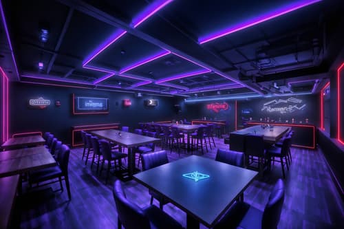 photo from pinterest of gaming room-style interior designed (restaurant interior) with restaurant bar and restaurant chairs and restaurant dining tables and restaurant decor and restaurant bar. . with dark room and neon lights and purple, red and blue fade light and at night and dark walls and speakers and gaming chair and computer desk with computer displays and keyboard. . cinematic photo, highly detailed, cinematic lighting, ultra-detailed, ultrarealistic, photorealism, 8k. trending on pinterest. gaming room interior design style. masterpiece, cinematic light, ultrarealistic+, photorealistic+, 8k, raw photo, realistic, sharp focus on eyes, (symmetrical eyes), (intact eyes), hyperrealistic, highest quality, best quality, , highly detailed, masterpiece, best quality, extremely detailed 8k wallpaper, masterpiece, best quality, ultra-detailed, best shadow, detailed background, detailed face, detailed eyes, high contrast, best illumination, detailed face, dulux, caustic, dynamic angle, detailed glow. dramatic lighting. highly detailed, insanely detailed hair, symmetrical, intricate details, professionally retouched, 8k high definition. strong bokeh. award winning photo.