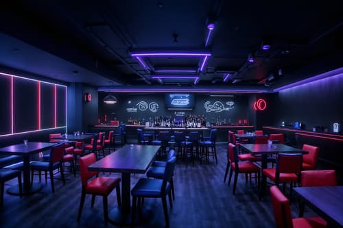 photo from pinterest of gaming room-style interior designed (restaurant interior) with restaurant bar and restaurant chairs and restaurant dining tables and restaurant decor and restaurant bar. . with dark room and neon lights and purple, red and blue fade light and at night and dark walls and speakers and gaming chair and computer desk with computer displays and keyboard. . cinematic photo, highly detailed, cinematic lighting, ultra-detailed, ultrarealistic, photorealism, 8k. trending on pinterest. gaming room interior design style. masterpiece, cinematic light, ultrarealistic+, photorealistic+, 8k, raw photo, realistic, sharp focus on eyes, (symmetrical eyes), (intact eyes), hyperrealistic, highest quality, best quality, , highly detailed, masterpiece, best quality, extremely detailed 8k wallpaper, masterpiece, best quality, ultra-detailed, best shadow, detailed background, detailed face, detailed eyes, high contrast, best illumination, detailed face, dulux, caustic, dynamic angle, detailed glow. dramatic lighting. highly detailed, insanely detailed hair, symmetrical, intricate details, professionally retouched, 8k high definition. strong bokeh. award winning photo.