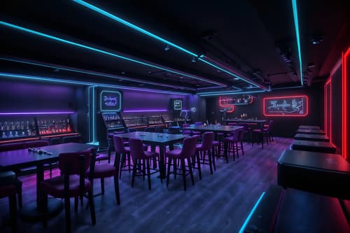 photo from pinterest of gaming room-style interior designed (restaurant interior) with restaurant bar and restaurant chairs and restaurant dining tables and restaurant decor and restaurant bar. . with dark room and neon lights and purple, red and blue fade light and at night and dark walls and speakers and gaming chair and computer desk with computer displays and keyboard. . cinematic photo, highly detailed, cinematic lighting, ultra-detailed, ultrarealistic, photorealism, 8k. trending on pinterest. gaming room interior design style. masterpiece, cinematic light, ultrarealistic+, photorealistic+, 8k, raw photo, realistic, sharp focus on eyes, (symmetrical eyes), (intact eyes), hyperrealistic, highest quality, best quality, , highly detailed, masterpiece, best quality, extremely detailed 8k wallpaper, masterpiece, best quality, ultra-detailed, best shadow, detailed background, detailed face, detailed eyes, high contrast, best illumination, detailed face, dulux, caustic, dynamic angle, detailed glow. dramatic lighting. highly detailed, insanely detailed hair, symmetrical, intricate details, professionally retouched, 8k high definition. strong bokeh. award winning photo.