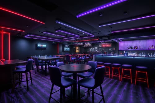 photo from pinterest of gaming room-style interior designed (restaurant interior) with restaurant bar and restaurant chairs and restaurant dining tables and restaurant decor and restaurant bar. . with dark room and neon lights and purple, red and blue fade light and at night and dark walls and speakers and gaming chair and computer desk with computer displays and keyboard. . cinematic photo, highly detailed, cinematic lighting, ultra-detailed, ultrarealistic, photorealism, 8k. trending on pinterest. gaming room interior design style. masterpiece, cinematic light, ultrarealistic+, photorealistic+, 8k, raw photo, realistic, sharp focus on eyes, (symmetrical eyes), (intact eyes), hyperrealistic, highest quality, best quality, , highly detailed, masterpiece, best quality, extremely detailed 8k wallpaper, masterpiece, best quality, ultra-detailed, best shadow, detailed background, detailed face, detailed eyes, high contrast, best illumination, detailed face, dulux, caustic, dynamic angle, detailed glow. dramatic lighting. highly detailed, insanely detailed hair, symmetrical, intricate details, professionally retouched, 8k high definition. strong bokeh. award winning photo.