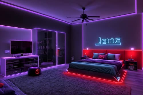 photo from pinterest of gaming room-style interior designed (bedroom interior) with storage bench or ottoman and accent chair and bed and bedside table or night stand and dresser closet and night light and mirror and headboard. . with purple and red lights and gaming chair and at night and purple, red and blue fade light and dark walls and neon letters on wall and neon lights and speakers. . cinematic photo, highly detailed, cinematic lighting, ultra-detailed, ultrarealistic, photorealism, 8k. trending on pinterest. gaming room interior design style. masterpiece, cinematic light, ultrarealistic+, photorealistic+, 8k, raw photo, realistic, sharp focus on eyes, (symmetrical eyes), (intact eyes), hyperrealistic, highest quality, best quality, , highly detailed, masterpiece, best quality, extremely detailed 8k wallpaper, masterpiece, best quality, ultra-detailed, best shadow, detailed background, detailed face, detailed eyes, high contrast, best illumination, detailed face, dulux, caustic, dynamic angle, detailed glow. dramatic lighting. highly detailed, insanely detailed hair, symmetrical, intricate details, professionally retouched, 8k high definition. strong bokeh. award winning photo.