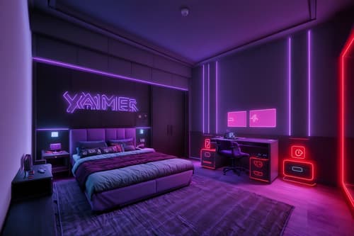 photo from pinterest of gaming room-style interior designed (bedroom interior) with storage bench or ottoman and accent chair and bed and bedside table or night stand and dresser closet and night light and mirror and headboard. . with purple and red lights and gaming chair and at night and purple, red and blue fade light and dark walls and neon letters on wall and neon lights and speakers. . cinematic photo, highly detailed, cinematic lighting, ultra-detailed, ultrarealistic, photorealism, 8k. trending on pinterest. gaming room interior design style. masterpiece, cinematic light, ultrarealistic+, photorealistic+, 8k, raw photo, realistic, sharp focus on eyes, (symmetrical eyes), (intact eyes), hyperrealistic, highest quality, best quality, , highly detailed, masterpiece, best quality, extremely detailed 8k wallpaper, masterpiece, best quality, ultra-detailed, best shadow, detailed background, detailed face, detailed eyes, high contrast, best illumination, detailed face, dulux, caustic, dynamic angle, detailed glow. dramatic lighting. highly detailed, insanely detailed hair, symmetrical, intricate details, professionally retouched, 8k high definition. strong bokeh. award winning photo.