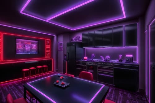 photo from pinterest of gaming room-style interior designed (kitchen interior) with worktops and plant and sink and kitchen cabinets and refrigerator and stove and worktops. . with multiple displays and dark room and speakers and neon letters on wall and purple and red lights and purple, red and blue fade light and gaming chair and at night. . cinematic photo, highly detailed, cinematic lighting, ultra-detailed, ultrarealistic, photorealism, 8k. trending on pinterest. gaming room interior design style. masterpiece, cinematic light, ultrarealistic+, photorealistic+, 8k, raw photo, realistic, sharp focus on eyes, (symmetrical eyes), (intact eyes), hyperrealistic, highest quality, best quality, , highly detailed, masterpiece, best quality, extremely detailed 8k wallpaper, masterpiece, best quality, ultra-detailed, best shadow, detailed background, detailed face, detailed eyes, high contrast, best illumination, detailed face, dulux, caustic, dynamic angle, detailed glow. dramatic lighting. highly detailed, insanely detailed hair, symmetrical, intricate details, professionally retouched, 8k high definition. strong bokeh. award winning photo.
