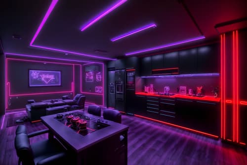 photo from pinterest of gaming room-style interior designed (kitchen interior) with worktops and plant and sink and kitchen cabinets and refrigerator and stove and worktops. . with multiple displays and dark room and speakers and neon letters on wall and purple and red lights and purple, red and blue fade light and gaming chair and at night. . cinematic photo, highly detailed, cinematic lighting, ultra-detailed, ultrarealistic, photorealism, 8k. trending on pinterest. gaming room interior design style. masterpiece, cinematic light, ultrarealistic+, photorealistic+, 8k, raw photo, realistic, sharp focus on eyes, (symmetrical eyes), (intact eyes), hyperrealistic, highest quality, best quality, , highly detailed, masterpiece, best quality, extremely detailed 8k wallpaper, masterpiece, best quality, ultra-detailed, best shadow, detailed background, detailed face, detailed eyes, high contrast, best illumination, detailed face, dulux, caustic, dynamic angle, detailed glow. dramatic lighting. highly detailed, insanely detailed hair, symmetrical, intricate details, professionally retouched, 8k high definition. strong bokeh. award winning photo.